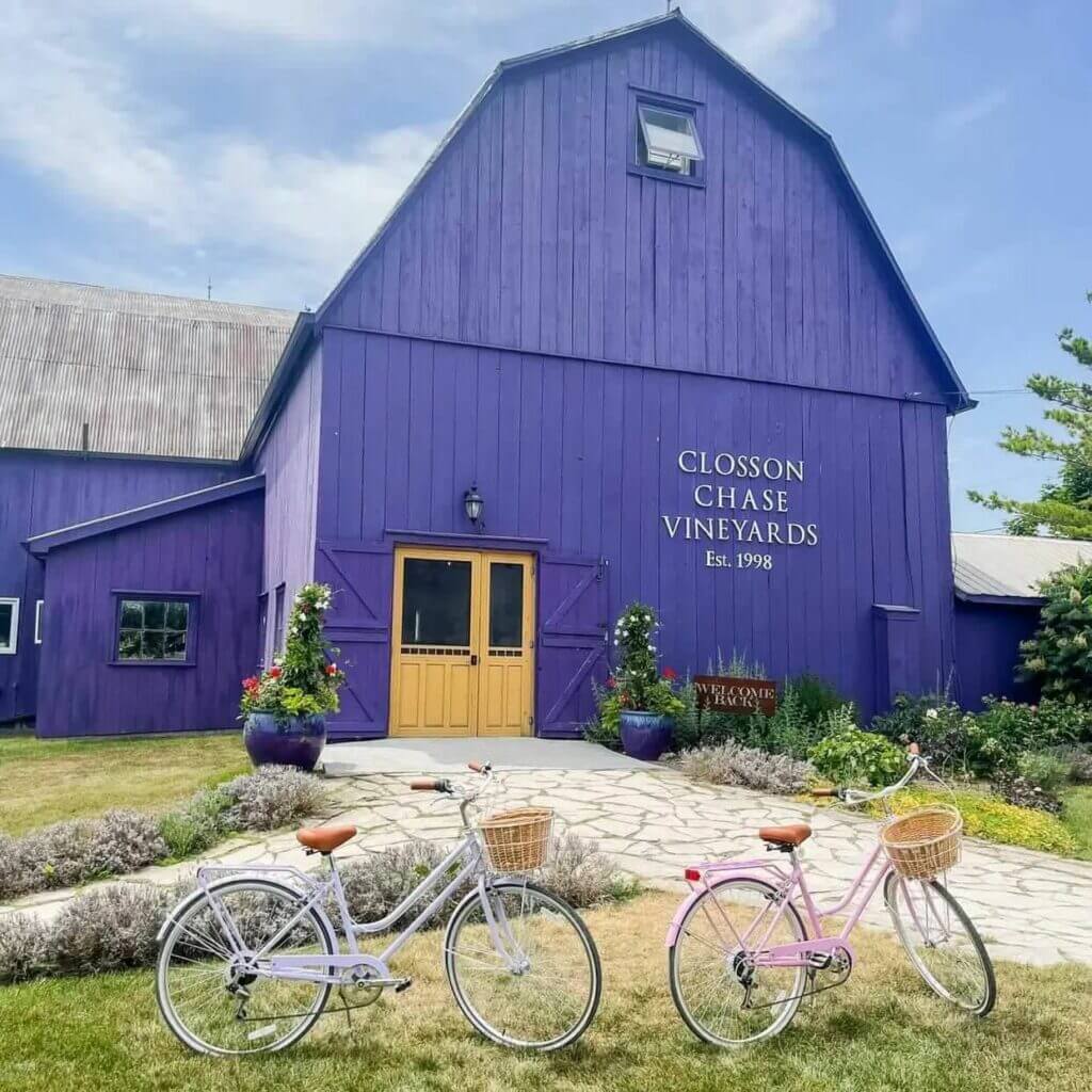 Closson Chase Vineyards building with two bikes parked out front